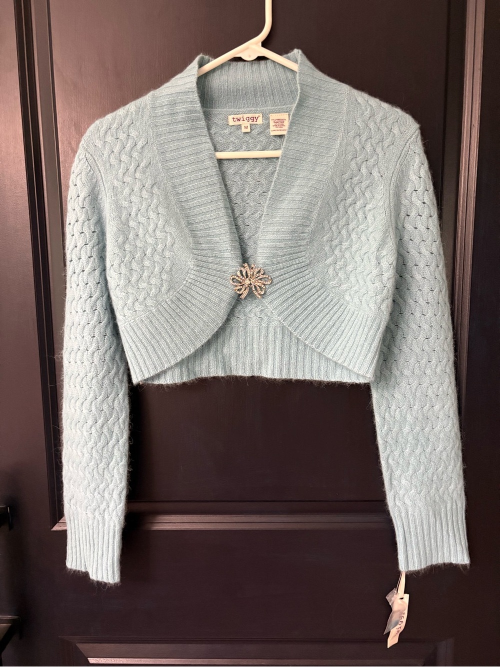 Twiggy Sky Blue Cropped Cable Knit Bolero with Decorative Brooch Lambswool  M